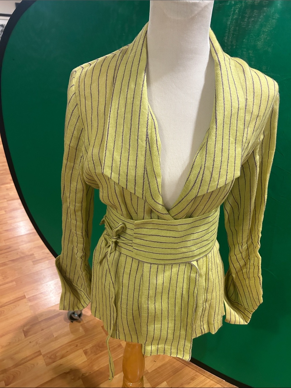 Striped Lime Wrap Blouse with Waist Tie